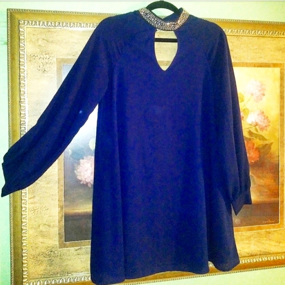Embellished collar navy blue long sleeve dress - Picture 1 of 5